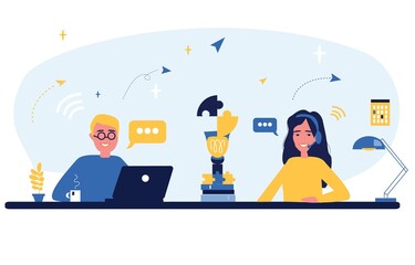 Wall Mural - Business concept. Team metaphor. People connect puzzle elements. Flat illustration in flat design style. Teamwork, collaboration, partnership. Businessmen working together and moving towards success.