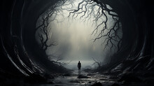 Halloween Gloomy Dark Background Autumn Forest Of Horror, Round Arch Of Branches, Entrance To The Foggy, Small Silhouette Of A Human Figure