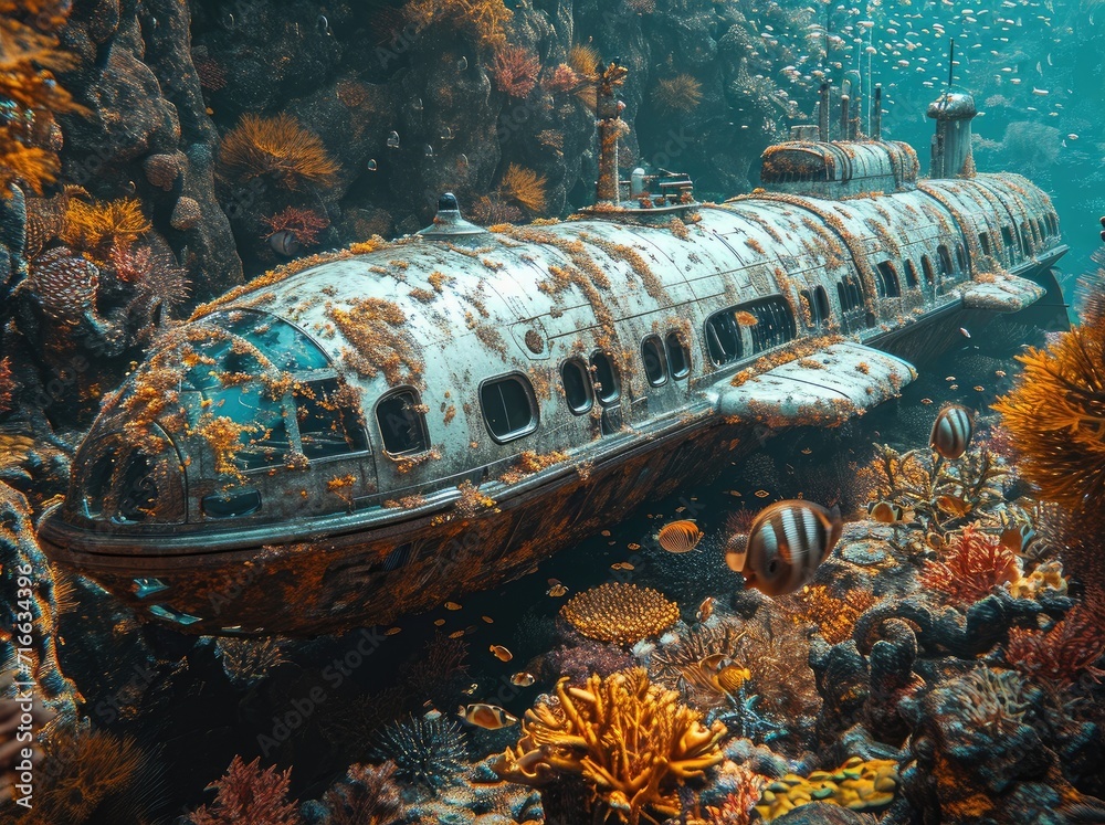 Exploring the vibrant marine life of a sunken submarine, surrounded by ...