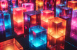 A flickering rectangles casts vibrant hues on a gallery of cubes, illuminating a unique blend of light and art in an intimate indoor setting