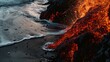 Lava meets the ocean waves on a beach, a powerful natural interaction between fire and water