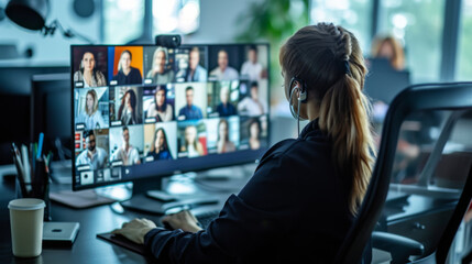 Wall Mural - Person is participating in a virtual meeting with multiple people on a large computer screen.