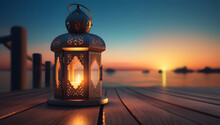 A Decorative Lantern With Candles Outdoors At Sunset For Ramadan Ai Generative