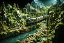 Miniature Of A Railway And A Moving Train Through Mountains And Hills