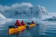 kayaking on a sea kayaks in arctic region against the backdrop of showy coast