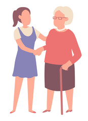 A young woman helps her grandfather to carry the groceries. Young people take care of the elderly. Social assistance for the elderly and volunteer work. Vector illustration.