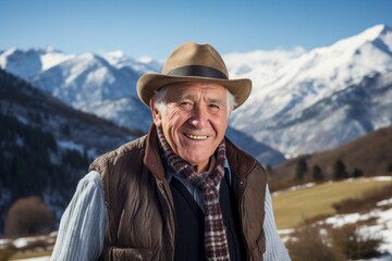 Wall Mural - Portrait of a smiling man in his 80s donning a classic fedora against a snowy mountain range. AI Generation