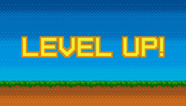 Pixel art banner with Level Up text and outdoor landscape background. Colorful pixel arcade screen for game design. Vector illustration.