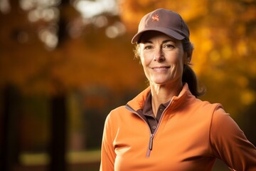 Wall Mural - Portrait of a satisfied woman in her 50s wearing a breathable golf polo against a background of autumn leaves. AI Generation