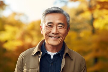 Wall Mural - Portrait of a blissful asian man in his 60s sporting a versatile denim shirt against a background of autumn leaves. AI Generation