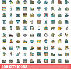 Poster - 100 city icons set. color line set of city vector icons thin line color flat on white
