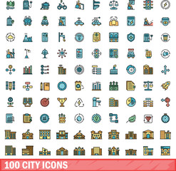 Wall Mural - 100 city icons set. Color line set of city vector icons thin line color flat on white