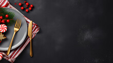 Web Banner Christmas Table Setting Concept On A Dark Gray Background