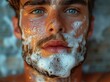 A man's face covered in foamy suds, his portrait revealing a vulnerable human behind the facade of a soapy beard, his skin a canvas for cleansing and renewal