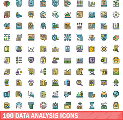 Poster - 100 data analysis icons set. Color line set of data analysis vector icons thin line color flat on white