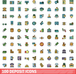 Poster - 100 deposit icons set. Color line set of deposit vector icons thin line color flat on white