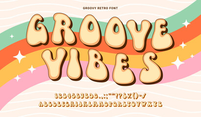 Vintage groovy font, psychedelic groove type, retro hippy typeface, funky English alphabet, exudes nostalgic charm with whimsical curves and hippie flair. Vibrant vector letters and numbers on rainbow