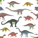 Fototapeta Dinusie - Cartoon dinosaur characters seamless pattern. Cute dino animal personages vector background of eoraptor, lotosaurus, melanorosaurus and apatosaurus, shunosaurus and henodus. Jurassic raptors backdrop