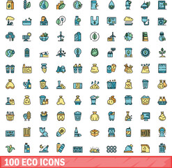 Poster - 100 eco icons set. Color line set of eco vector icons thin line color flat on white