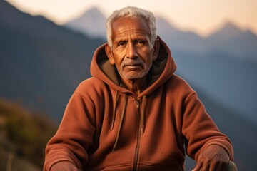 Wall Mural - Portrait of a content indian man in his 80s sporting a comfortable hoodie against a backdrop of mountain peaks. AI Generation
