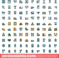 Poster - 100 engineering icons set. Color line set of engineering vector icons thin line color flat on white