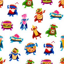 Cartoon Fast Food Superhero Characters Pattern. Vector Tile Background With Super Hero Burger, Cocktail, Shawarma And Mustard Bottle. Soda Drink, Ketchup, Pizza And Cake With Burrito Funny Defenders