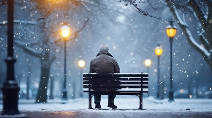 Lonely old man on a bench in the city winter park, Christmas Eve snowfall, New Year's background.