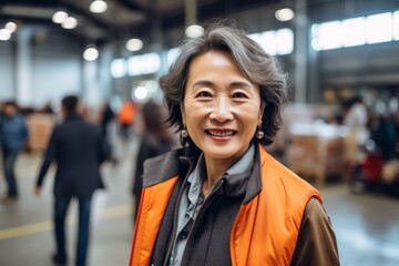 Wall Mural - Portrait of a smiling asian woman in her 60s wearing a chic cardigan against a bustling factory floor. AI Generation