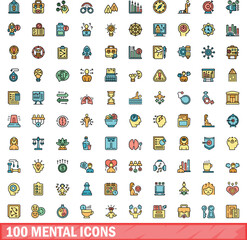 Canvas Print - 100 mental icons set. Color line set of mental vector icons thin line color flat on white