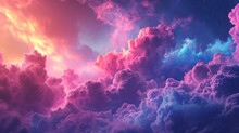 3d Render, Abstract Fantasy Background Of Colorful Sky With Neon Clouds   