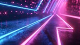 Fototapeta Sawanna - 3d render, abstract neon arrow turns right. Speed and technology concept. Glowing pink blue lines and bokeh lights   