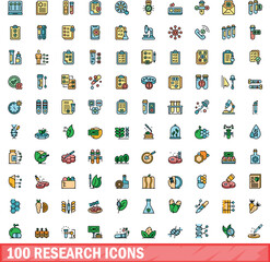 Wall Mural - 100 research icons set. Color line set of research vector icons thin line color flat on white