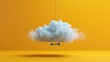 3d render, blue heavy weight is hanging under the levitating cloud, isolated on yellow background. Modern minimal scene. Abstract paradox metaphor   