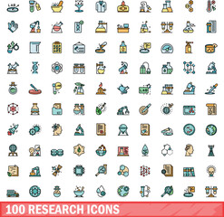 Poster - 100 research icons set. Color line set of research vector icons thin line color flat on white
