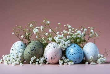 Canvas Print - Beautifully decorated easter eggs with spring flowers around them