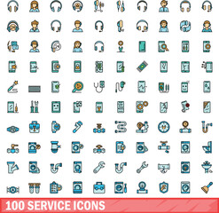 Poster - 100 service icons set. Color line set of service vector icons thin line color flat on white