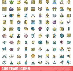 Poster - 100 team icons set. Color line set of team vector icons thin line color flat on white