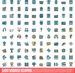 Poster - 100 video icons set. Color line set of video vector icons thin line color flat on white