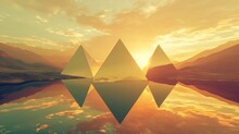 3d Render. Abstract Minimalist Background Of Fantastic Sunset Landscape, Golden Triangular Flat Mirrors, Hills And Reflection. Surreal Aesthetic Wallpaper   