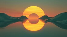 3d Render. Abstract Minimalist Geometric Background Of Fantastic Sunset Landscape, Golden Flat Mirror Arch, Hills And Reflection In The Water. Surreal Aesthetic Wallpaper   