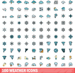 Poster - 100 weather icons set. color line set of weather vector icons thin line color flat on white
