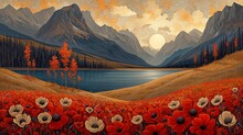 Landscape Art, Pop Art Deco, Colorful Painting With Hills And Lakes.