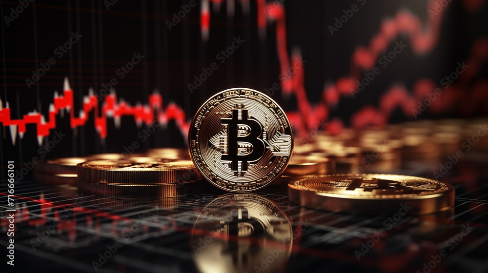 3D gold Bitcoin on price candlestick chart background. Market crash ...