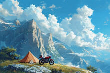 A Painting Of A Motorcycle Parked Beside A Tent On The Side Of The Cliff, In The Style Of Anime Aesthetic, Swiss Style, Uhd Image, Landscape Painting, Brown And Blue, Sky-blue And Green