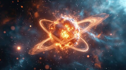 Wall Mural - atomic dance: subatomic realm, electrons, neutrons, and protons orbit a fixed nucleus in a model emp
