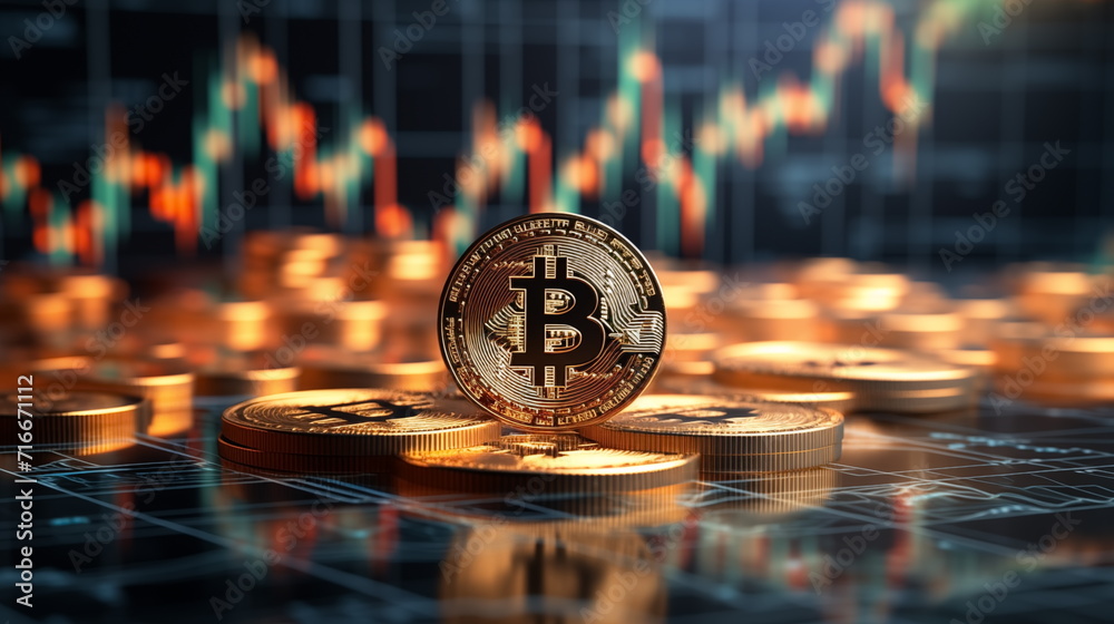 3D gold Bitcoin on price candlestick chart background. Dark trading ...