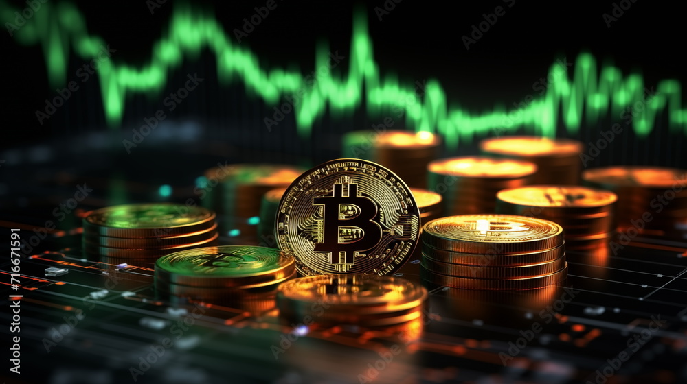 3D gold Bitcoin on price candlestick chart background. rising up ...