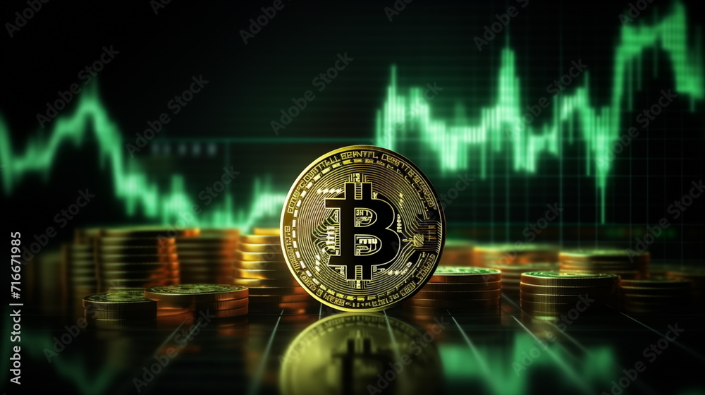 3D gold Bitcoin on price candlestick chart background. rising up ...