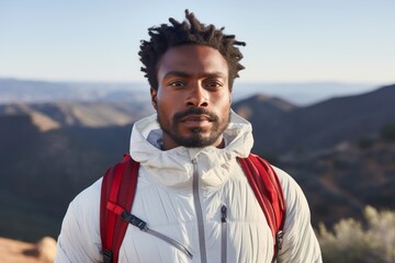 Wall Mural - Portrait of a glad afro-american man in his 30s wearing a lightweight packable anorak against a panoramic mountain vista. AI Generation