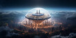 a futuristic city surrounded by clouds and a giant glass ball in the middle of the sky with a city in the middle, generative ai